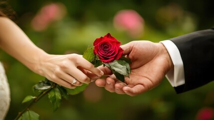 Close-up of a coupleâ€™s hands exchanging a rose
