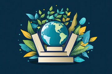 International Day of Education, circular design with books and a globe, Earth in the background, surrounded by green leaves. Vector graphics in a flat style with a blue color scheme with generative ai
