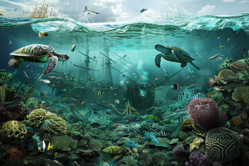 Fototapeta premium Underwater view of an sunken ship on seabed with fish swimming around