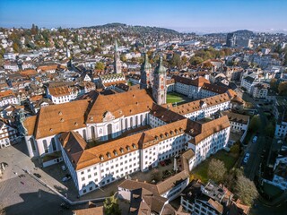 Aerial view of Abbey of St Gall and old town of St Gallen. The Abbey of Saint Gall is a dissolved...