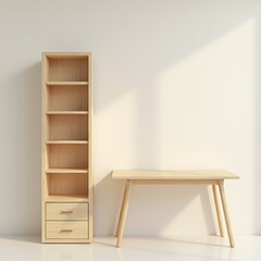 A minimalistic background with a wooden desk and a small cabinet on a plain, soft-colored wall. The desk is simple, clean, and organized, with no items on top, and a small chair placed neatly in front