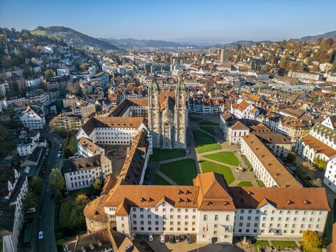 Aerial view of Abbey of St Gall and old town of St Gallen. The Abbey of Saint Gall is a dissolved abbey in a Catholic religious complex in the city of St. Gallen in Switzerland.