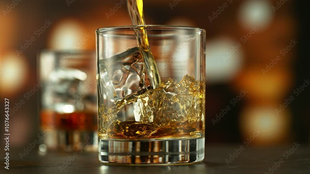 Poster super slow motion of pouring whiskey into glass. filmed on high speed cinema camera, 1000 fps. camer