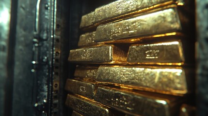 Gold bars in a secure vault, wealth storage, financial stability, symbol of economic power, luxury and security, close up, realistic, overlay, steel vault door backdrop