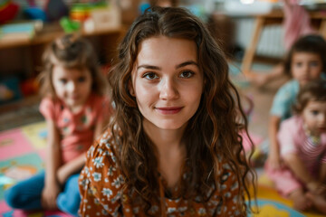 Obraz premium Generative AI Teacher Smiling in Kindergarten Classroom with Children