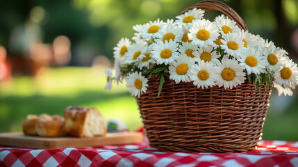 A wicker basket brimming with vibrant daisies is placed on a classic red and white checkered picnic blanket surrounded by lush greenery.