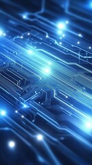 Obraz premium Abstract Marketing Background Featuring a Technology Circuit Design with Glowing Effects: A High-Tech 3D Rendered Composition with Ample Copy Space, Perfectly Arranged on a Clean Blue Background. This