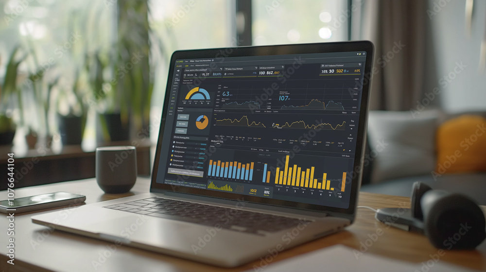 Poster business data analytics displayed on a laptop screen with real-time statistics, highlighted growth i