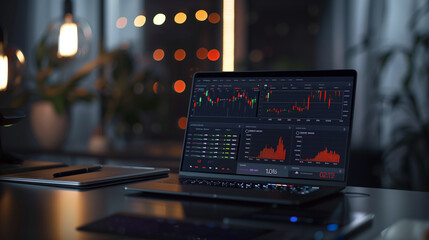 Business data analytics displayed on a laptop screen with real-time statistics, highlighted growth indicators, and a multi-chart dashboard in a collaborative workspace.