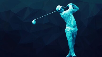 Dynamic Golfer Swing in Glowing Blue Geometric Landscape