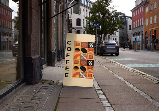 Business Information Sign Standing on the Street in Copenhagen. Customizable PSD mockup
