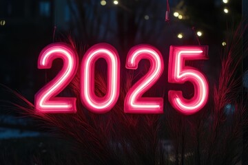 A pink neon sign displaying the year 2025 against a dark, out-of-focus background.