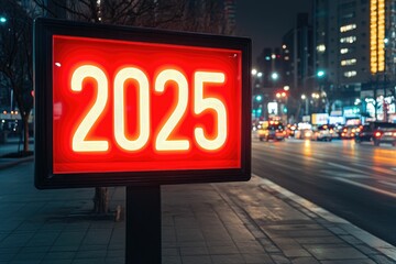 A red illuminated sign with the year 2025 on a city street at night.