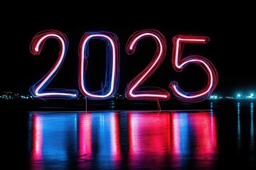 The year 2025 written with light trails on a dark background, reflected in water.