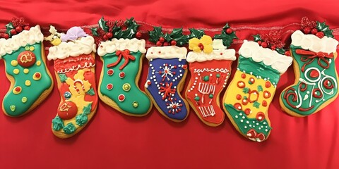 Brightly colored Christmas stockings featuring intricate designs hang on a vibrant red backdrop, creating a cheerful festive atmosphere for holiday gatherings and celebrations.