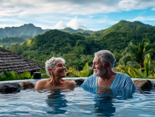 Elderly Couple Enjoying a Relaxing Bath in Warm Mineral Water Surrounded by Nature with Scenic Mountains in Background on a Sunny Day