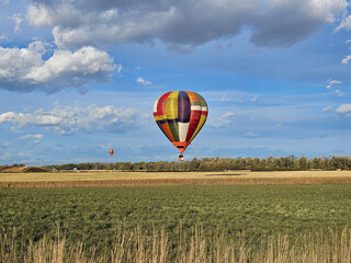 Obraz premium Tranquil and serene landscape of colorful hot air balloons flying over agricultural fields.