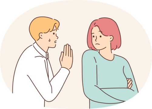 Desperate man asking stubborn woman for forgiveness. Unhappy crying guy beg for confident girl attention. Love and relationships problems.