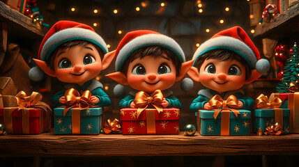 Fototapeta premium Adorable Christmas Elves with Gift Boxes in Santa's Workshop