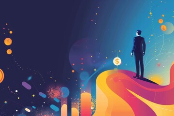 Fototapeta premium Businessman Standing on Abstract Financial Graph with Colorful Background