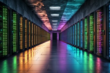 Captivating Perspective of a Long Aisle in a Modern Data Center Featuring Colorful Server Racks Illuminated with Vibrant Lighting Effects