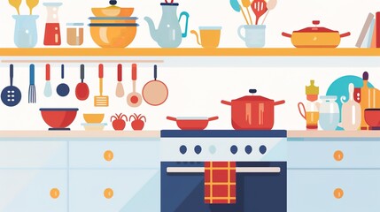 Modern kitchen with wooden shelves, plants, jars, and utensils. Bright
, organized, and cozy with natural light and stylish decor.