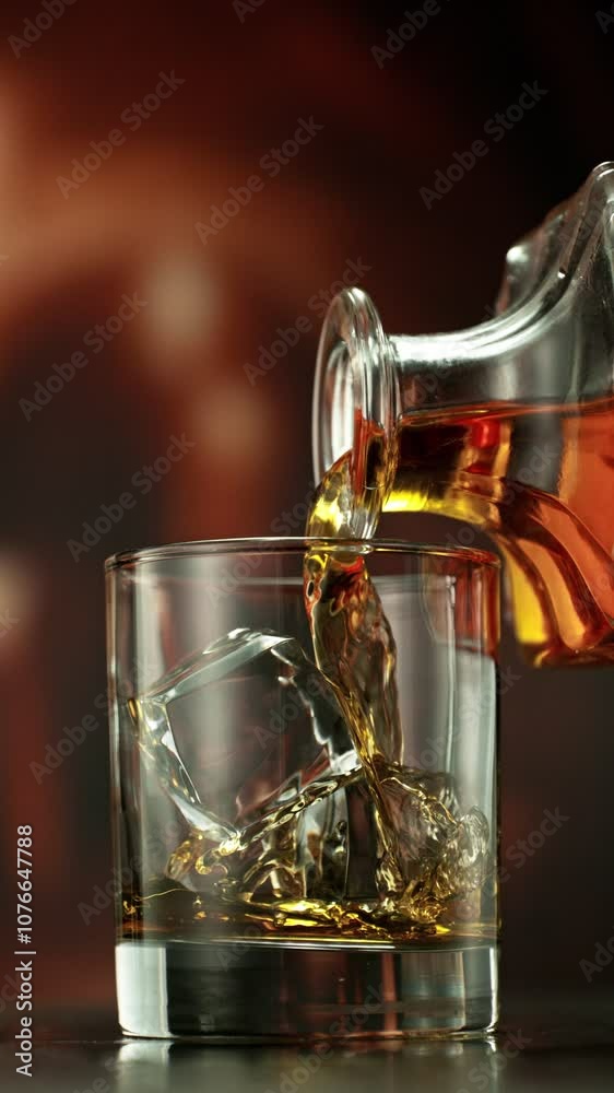 Poster super slow motion of pouring whiskey into glass. filmed on high speed cinema camera, 1000 fps. bar o