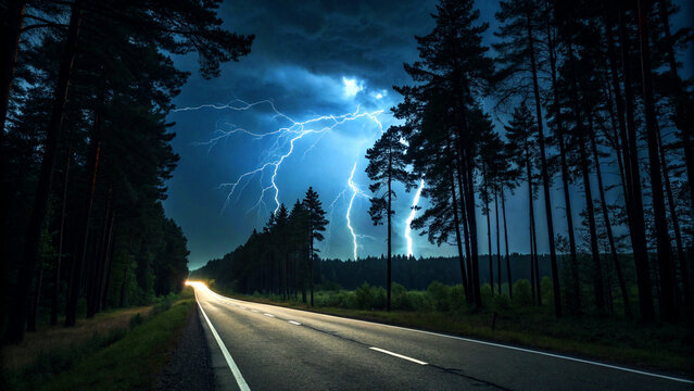 lightning and thunder mover the asphalt road in the