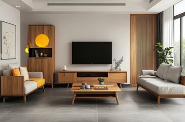 Elegant 3D Rendered Living Room with Marble Floors and Sophisticated Decor