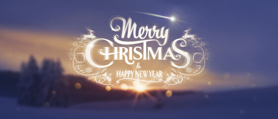 Christmas and Happy New Year wishes with wintry landscape