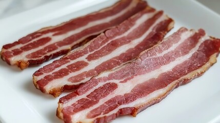Fototapeta premium Three slices of raw bacon displayed on a white plate.