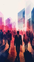 Fototapeta premium Abstract Silhouettes of Business People Walking in a Modern Cityscape