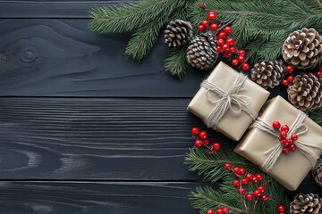 Christmas tree branch with ornaments and gifts on a wooden background, perfect for holiday decor