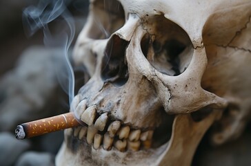 Skull smoking cigarette symbolizing danger of addiction