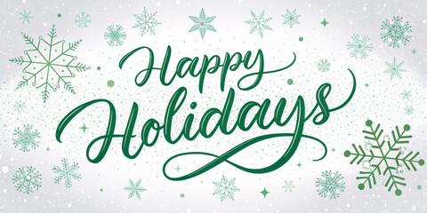 Classic Green Happy Holidays Script Banner with Light Dots and Snow on White Background