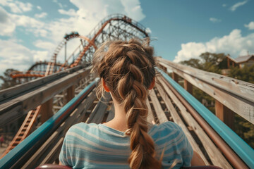 Generative AI Image of Young people friends Woman Man Enjoying Summer Fair with Colorful Amusement Park Background