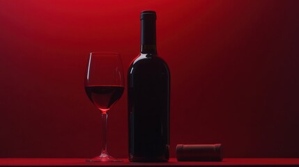 Red Wine Bottle and Glass on Red Background
