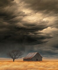 A Captivating Landscape: A Rustic Barn Under Dramatic Clouds and Golden Fields Evokes Nature's Serenity and Turmoil