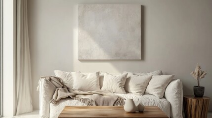 A living room with a white couch and a white coffee table