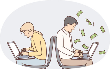 Man working with laptop makes money sitting near outsider woman who is experiencing financial difficulties. Concept of income disparity and gender discrimination affecting earning money