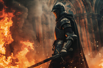 Fantastic royal knight in iron armor guards castle chambers