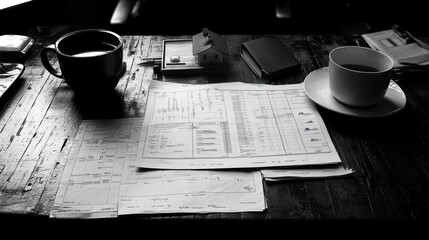 Black and white image of a desk with paperwork, two cups of coffee, and a small house model.
