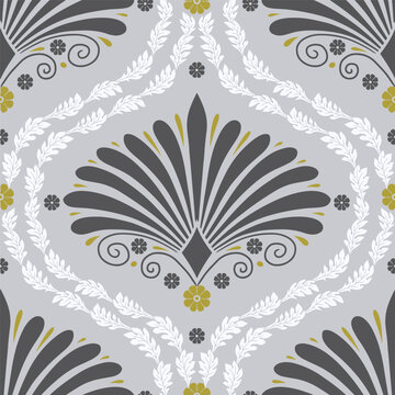 Seamless pattern with dark gray anthemion floral shapes and ogee geometrical motifs on a gray background. Classic abstract repeat wallpaper.