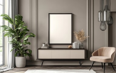 A living room with a white framed picture on a wall, a brown wooden coffee table