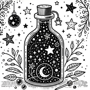 Black and white illustration of a glass bottle filled with stars, moon, and celestial elements, evoking a magical night sky in a jar concept.