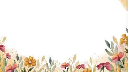 Fototapeta premium Watercolor floral border. Hand painted flowers and leaves isolated on white background.