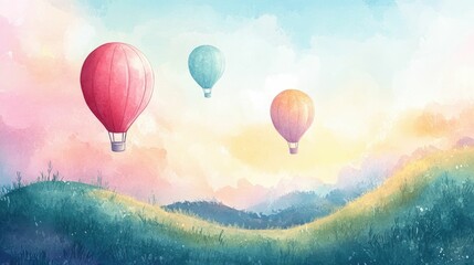 Obraz premium Whimsical air balloons gently floating over rolling hills and pastel colored skies in a serene dreamlike watercolor inspired landscape A scene of tranquility imagination and adventurous spirit