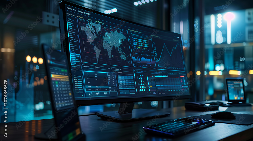 Poster data-driven dashboard on a computer monitor with a full-screen view of statistics, growth charts, an