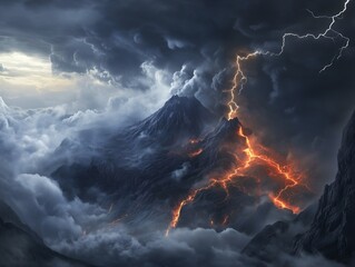 Dramatic scene of a volcano erupting with lightning bolts striking through thick ash clouds. Fiery lava spews from the crater, contrasting against the dark, stormy sky