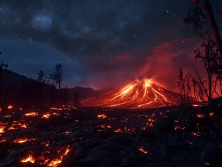 Dramatic scene of a volcano erupting with lava spewing from the crater, thick ash clouds, and a fiery contrast against the dark sky, showcasing nature's raw power